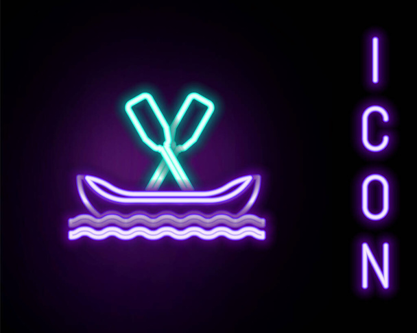 Ragyogó neon vonal Rafting hajó ikon elszigetelt fekete háttérrel. Kayak evezőkkel. Vízi sportok, extrém sportok, nyaralás, vakáció, csapatépítés. Színes vázlat koncepció. Vektor - Vektor, kép