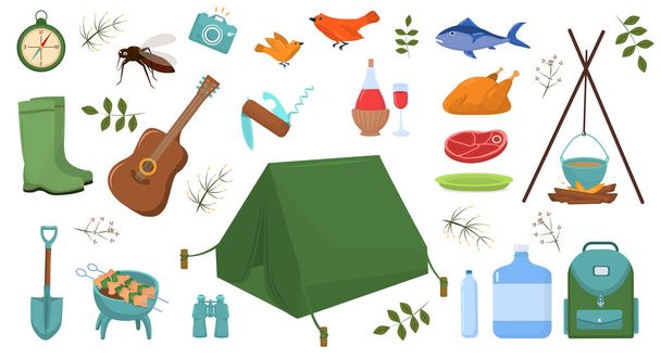 set of vector illustrations on the theme of tourism and hiking isolated on a white background - Vector, Image