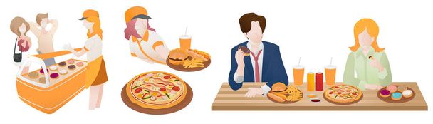 Serie di persone piatte illustrazione vettoriale. Uomini e donne amano mangiare junkfood nel ristorante Fast food durante l'orario di lavoro. Momento di felicità - Vettoriali, immagini