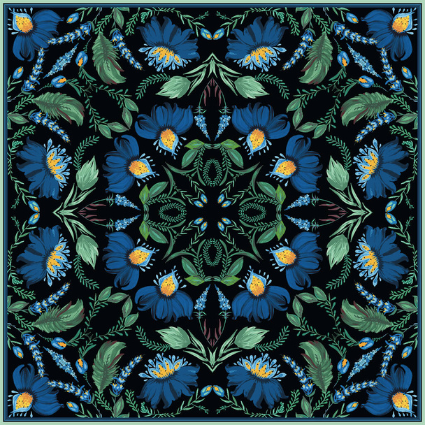 Patrón floral Vector Batik en estilo de pintura popular ucraniana Petrykivka para chal, alfombra, bandana, baldosas de cerámica. Flores de fantasía dibujadas a mano, hojas, ramas aisladas sobre un fondo azul oscuro - Vector, imagen