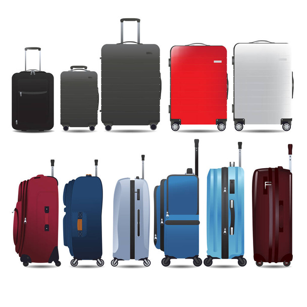 Conjunto de bagagem, bagagem em vista lateral e vista frontal, estilo plano e realista de ilustração vetorial. - Vetor, Imagem