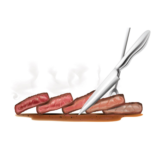 Steak doneness στρώμα διανυσματική απεικόνιση παλάμη με μπριζόλα πιρούνι φέτα με μαχαίρι στο λευκό φόντο. - Διάνυσμα, εικόνα