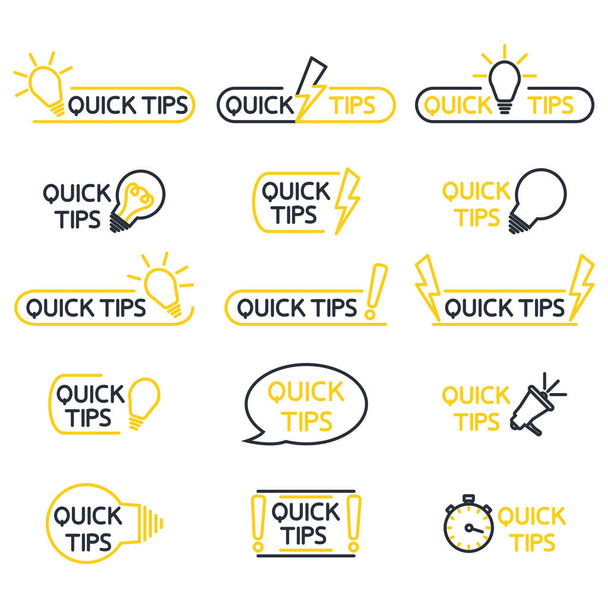 Schnelle Tipps, hilfreiche Tricks, Tooltip, Hinweis für die Webseite. Tricks Quick-Tip-Lösung Logos hilfreiche Ratschläge Textformen. Vektor-Ikone der Lösung, Beratung. Hilfreiche Idee, Lösung. Essbarer Schlaganfall. Vektor - Vektor, Bild