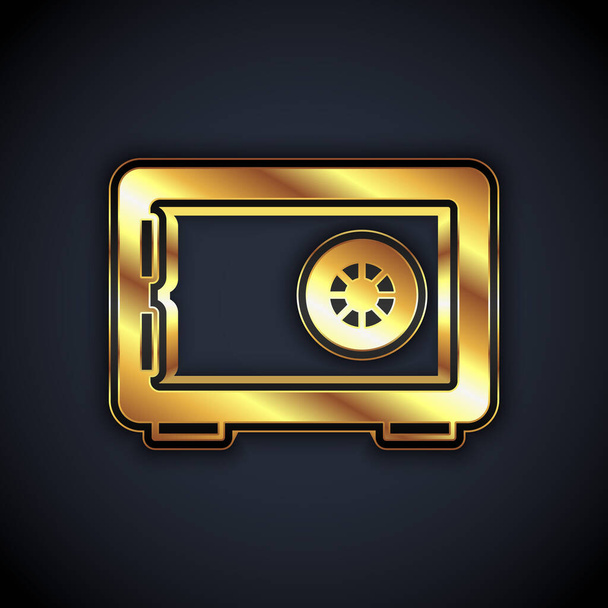 Gold Safe icon isolated on black background. The door safe a bank vault with a combination lock. Reliable Data Protection.  Vector - Vector, Image