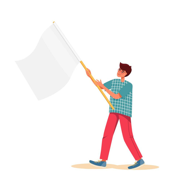 a man holding a banner or flag. Use as a template for slogans, promotions or protest symbols. Vector isolated illustration of a young boy on a white background. Design element, character - Vector, Image