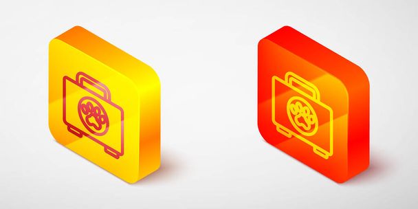 Isometric line Pet first aid kit icon isolated on grey background. Dog or cat paw print. Clinic box. Yellow and orange square button. Vector - Vector, Image