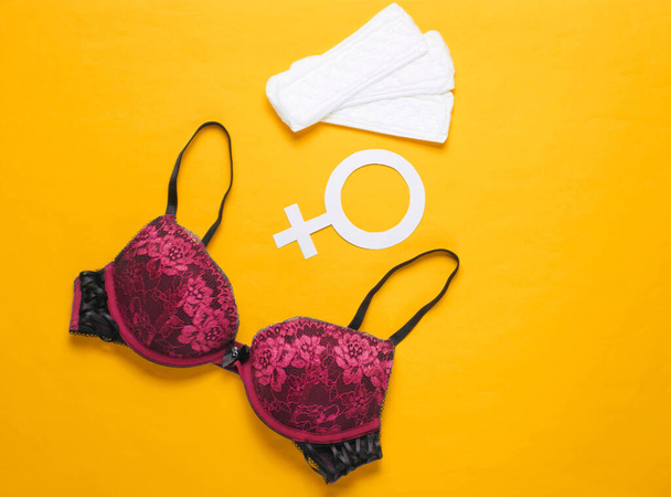 Kritische Tage für Frauen, Menstruation. Minimalistisches feminines Hygienekonzept. Schöne sexy BH, Slipeinlagen, Gender-Symbol auf Gelb - Foto, Bild