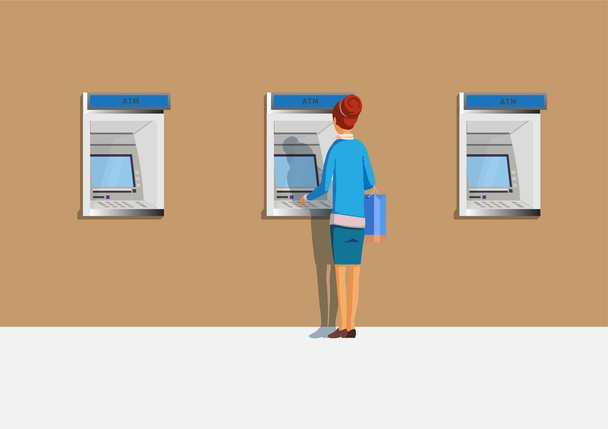 Femme retirant de l'argent du guichet automatique L'emplacement du service est dans un certain nombre de kiosques publics. - Vecteur, image