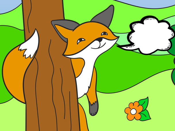 Η αλεπού κοιτάει πίσω από το δέντρο. Συζήτηση, κενό κείμενο φούσκα. - Φωτογραφία, εικόνα
