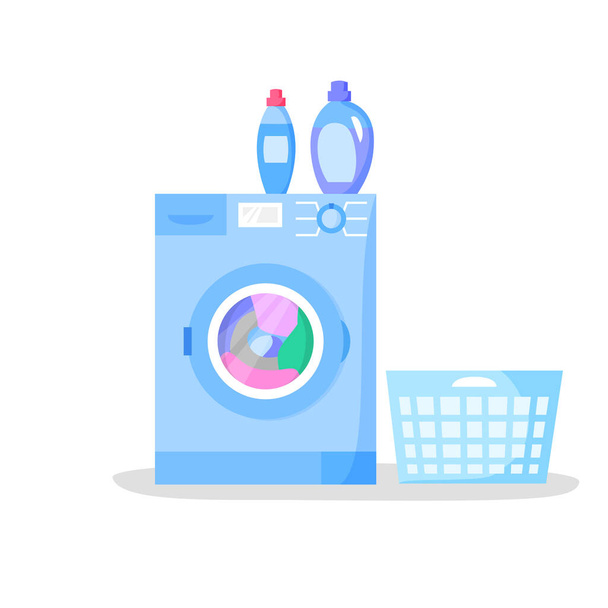 Máquina de lavar roupa de trabalho e cesta de lavandaria vazia, garrafas com detergentes líquidos, ilustração vetorial de estilo plano - Vetor, Imagem