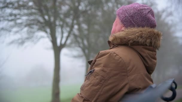 Sconvolto uomo anziano si siede da solo nel parco in nebbioso giorno d'inverno - Filmati, video