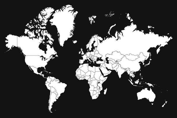 Χάρτης υψηλής ανάλυσης του κόσμου χωρισμένος σε επιμέρους χώρες. Υψηλής λεπτομέρειας παγκόσμιος χάρτης σε μαύρο φόντο - Διάνυσμα, εικόνα