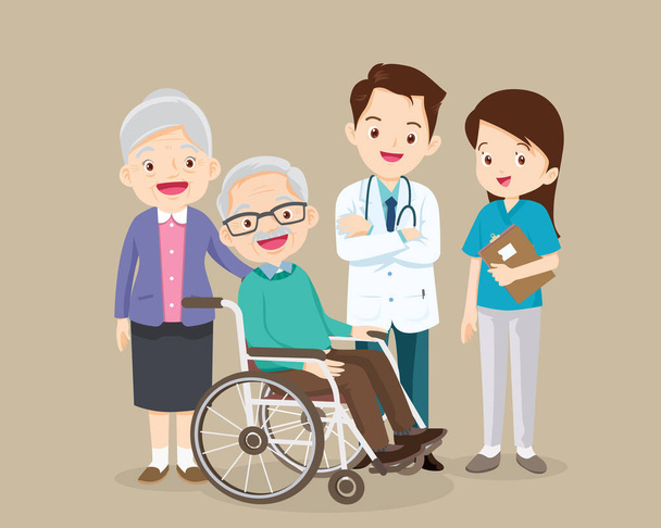 Ältere sitzen im Rollstuhl mit Arzt kümmern sich. Behinderte im Rollstuhl und Ärzte. Sorgfältige Pflegekraft kümmert sich um den Patienten. Arzt und Großvater Großmutter  - Vektor, Bild