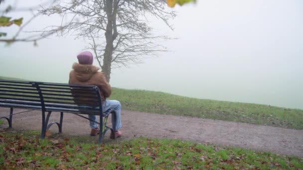 Sconvolto uomo anziano si siede da solo nel parco nebbioso - Filmati, video