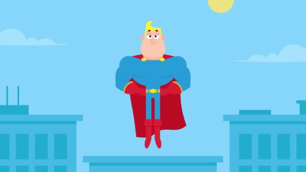 Beyaz Süper Kahraman Çizgi Roman Karakteri Uçan Döngü. Şehir Manzarası Arkaplanı ile 4K Animasyon Video Hareketi Grafikleri - Video, Çekim