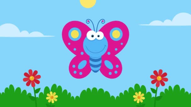 Blue Butterfly Cartoon Character Fliegen. 4K Animation Video Motion Graphics mit Landschaftshintergrund  - Filmmaterial, Video