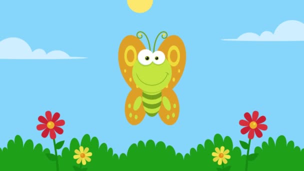 Netter Schmetterling Cartoon Character Fliegen. 4K Animation Video Motion Graphics mit Landschaftshintergrund  - Filmmaterial, Video