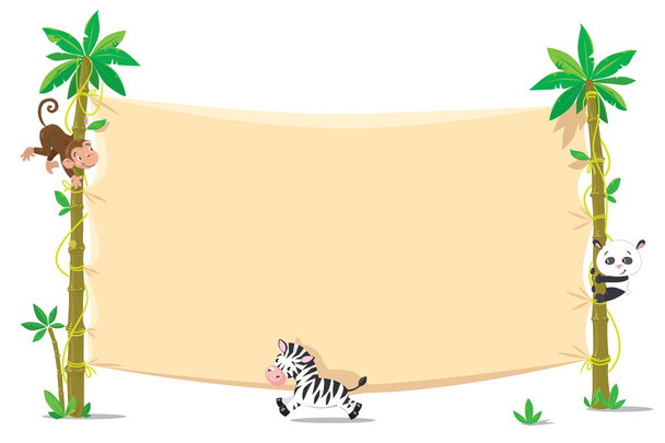 Banner en dos palmeras con pequeños animales divertidos
 - Vector, imagen