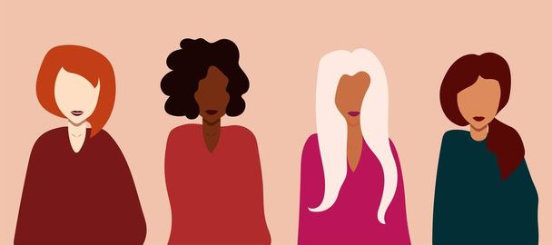 肌の色も国籍も違う女性です。異なる国籍の女性です。フェミニスト、姉妹、平等。女性の友情 - ベクター画像