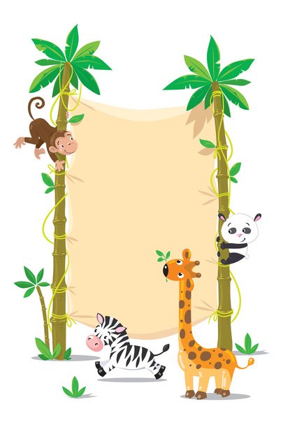 banner két pálmafa kis vicces állatok - Vektor, kép