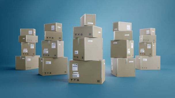 Pile of Cardboard Boxes Collums, For Package, Shipping and Delivery, With Signs and Labels, Blue Background, 3D Illustration - Foto, Imagen