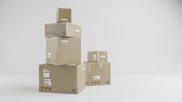 Куча картонных коробок коллажей, для упаковки, доставки и доставки, с табличками и этикетками, синий фон, фронтальный вид, 3d иллюстрация - Фото, изображение