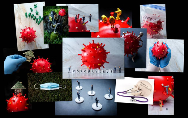 große Collage tödlicher Coronavirus-Epidemie mit Skeletten von Geschäftsleuten und rotem Modell von Covid-19 - Foto, Bild