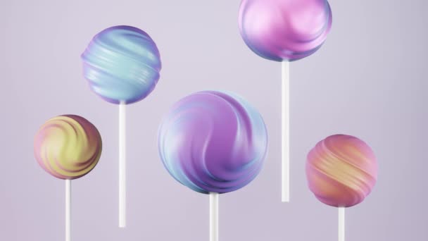 Caramelos dulces de piruleta giratoria en palo, fondo pastel, representación 3d - Imágenes, Vídeo