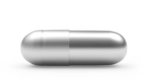 Stříbrná lékařská kapsle izolovaná na bílém. 3D ilustrace  - Fotografie, Obrázek