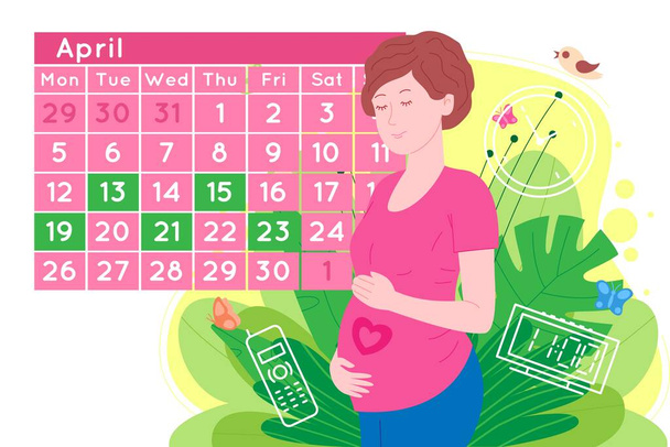 Pregnancy medical appointment. Pregnant happy beautiful young woman makes an appointment with a doctor using a calendar. Flat cartoon vector illustration of a woman awaiting the birth of a child. - Vector, Image