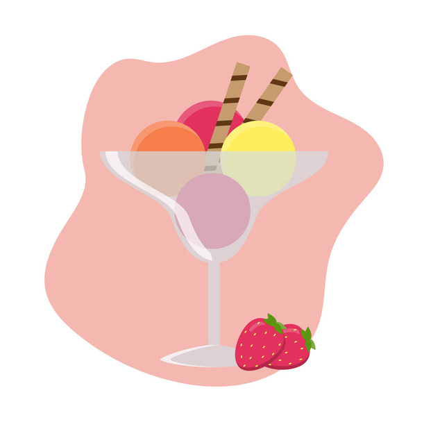 Bunte Eiskugeln und Erdbeeren. Dessert in einer Glasvase auf rosa Hintergrund. - Vektor, Bild