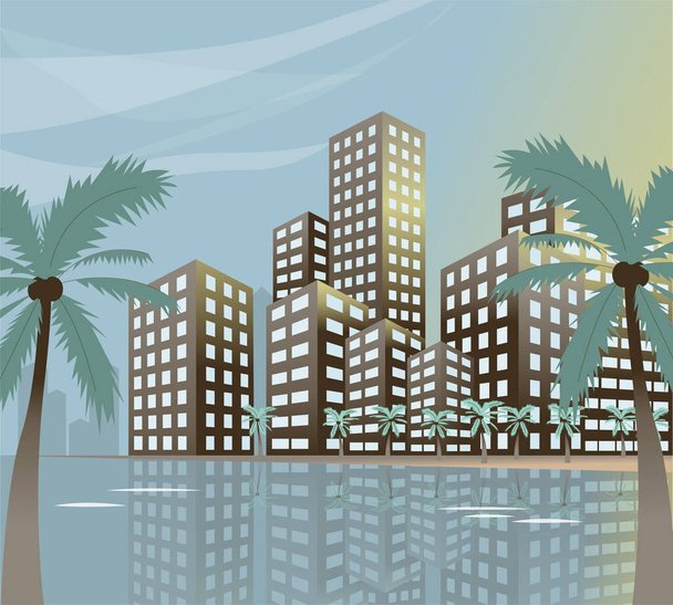 高層ビルやヤシの木と夏のビーチのコンセプトダウンタウンの街. - ベクター画像
