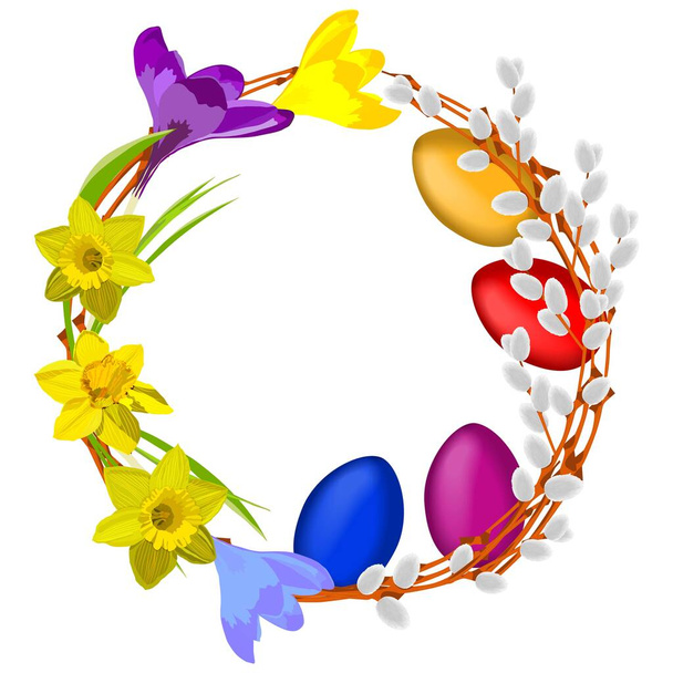 Happy Easter. Easter wreath of colorful decorated Easter eggs, pussy-willow, daffodils, crocus. Vector illustration isolated on white background. Easter wreath for greeting cards, banners, flyers - Vector, imagen