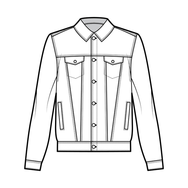 Τυποποιημένο denim σακάκι τεχνική απεικόνιση μόδας με oversized σώμα, flap τσέπες συγκόλλησης, κλασικό γιακά, μακρύ μανίκι - Διάνυσμα, εικόνα