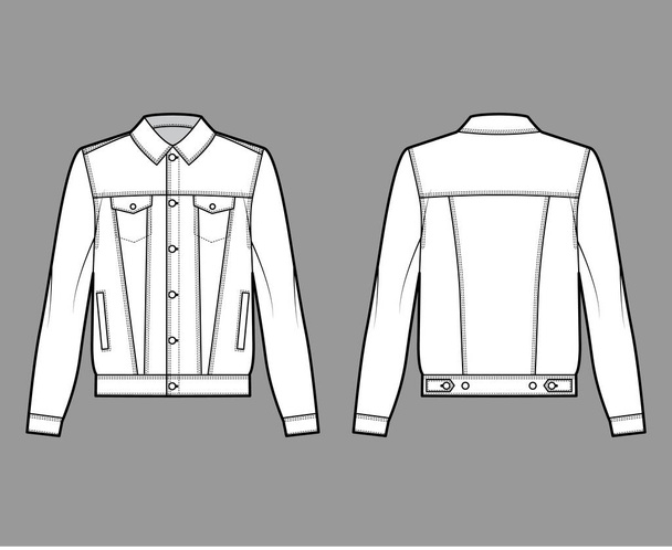 Стандартная джинсовая куртка техническая модная иллюстрация с крупногабаритным корпусом, карманы с лоскутами, классический воротник, длинный рукав - Вектор,изображение