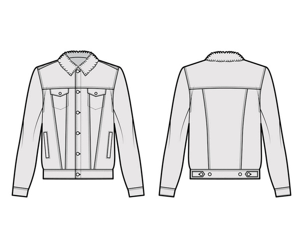 Шерпа подкладка джинсовой куртки техническая мода иллюстрация с негабаритным телом, карманы клапана, закрытие кнопки, длинные рукава - Вектор,изображение
