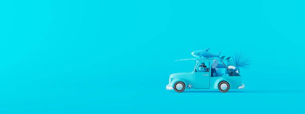 Blue car with luggage and beach accessories on pastel blue background. Creative minimal summer concept idea with copy space 3D Render 3D illustration - Photo, Image