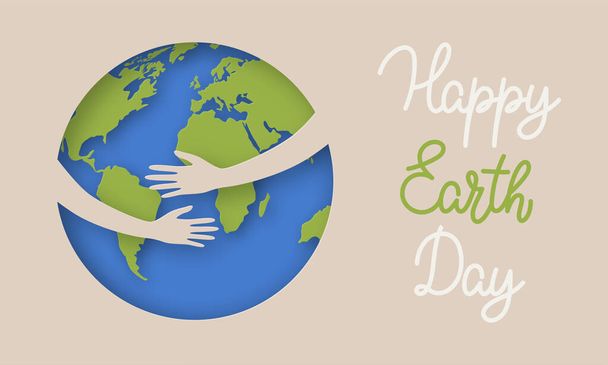 Feliz Dia da Terra, Dia Mundial do Ambiente. Conceito de ecologia. Mãos abraçadas e cuidando do planeta Terra. Design com mapa globo e abraço para cartaz, cartão e banner. Ilustração vetorial - Vetor, Imagem