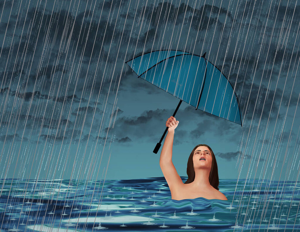 W akcie próżności, kobieta w jeziorze lub oceanie jest w czasie burzy, ale mimo, że jest już mokra, trzyma parasol nad głową dla ochrony przed deszczem w tej ilustracji 3D. - Zdjęcie, obraz