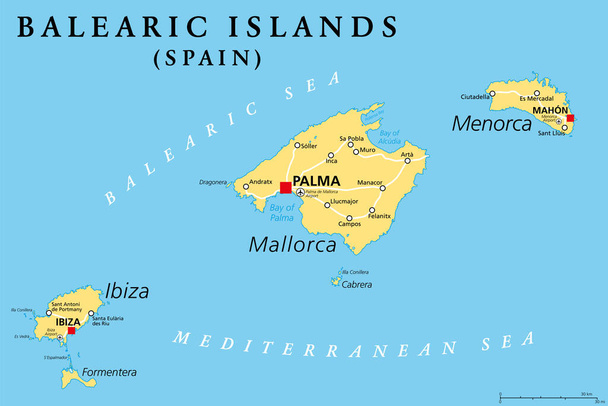 Balear Adaları, Mallorca, Ibiza, Menorca ve Formentera adaları ile siyasi haritalar. İspanya 'da, Akdeniz' de, İber Yarımadası yakınlarında adaların takımadaları. İllüzyon. Vektör. - Vektör, Görsel