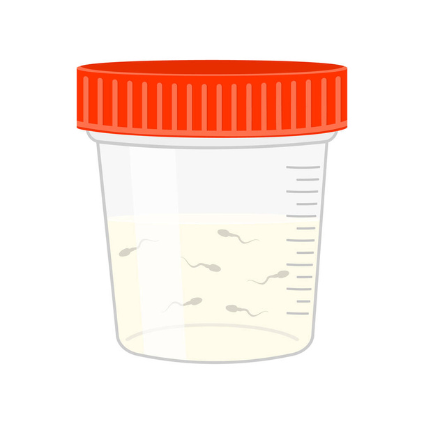 Analiza nasienia. Pojemnik z tworzywa sztucznego próbki spermy izolowany na białym tle. Test płodności u mężczyzn. Koncepcja dawstwa spermy. Ilustracja kreskówki wektor - Wektor, obraz