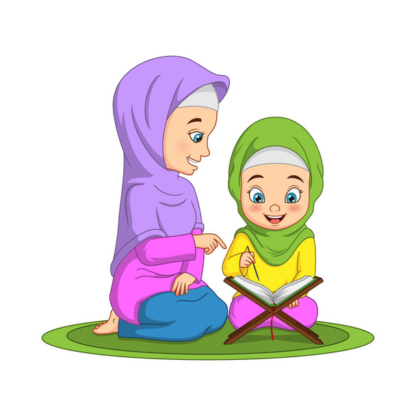 Illustrazione vettoriale della donna musulmana che insegna a sua figlia a leggere il Corano - Vettoriali, immagini