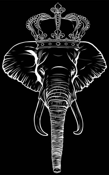 silhouette blanche de tête éléphant roi animal sur fond noir - Vecteur, image