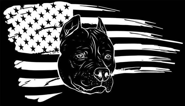 bílá silueta hlavy pitbull s americkou vlajkovou vektorovou ilustrací - Vektor, obrázek