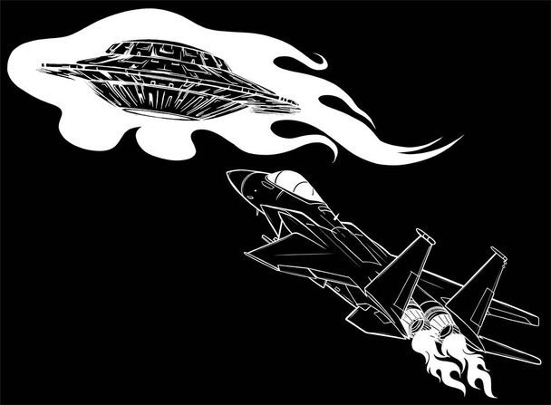 valkoinen siluetti Battle tähden tilaa ufo ja lentokone - Vektori, kuva