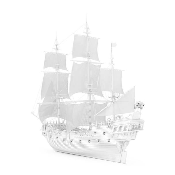 Grand voilier vintage blanc, caravelle, bateau pirate ou navire de guerre en argile style Render sur un fond blanc. Rendu 3d - Photo, image