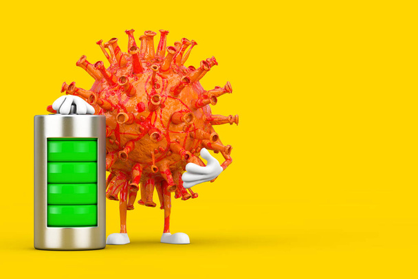 Cartoon Coronavirus COVID-19 Virus Mascotte Personaggio con batteria di ricarica astratta su uno sfondo giallo. 3d Rendering - Foto, immagini