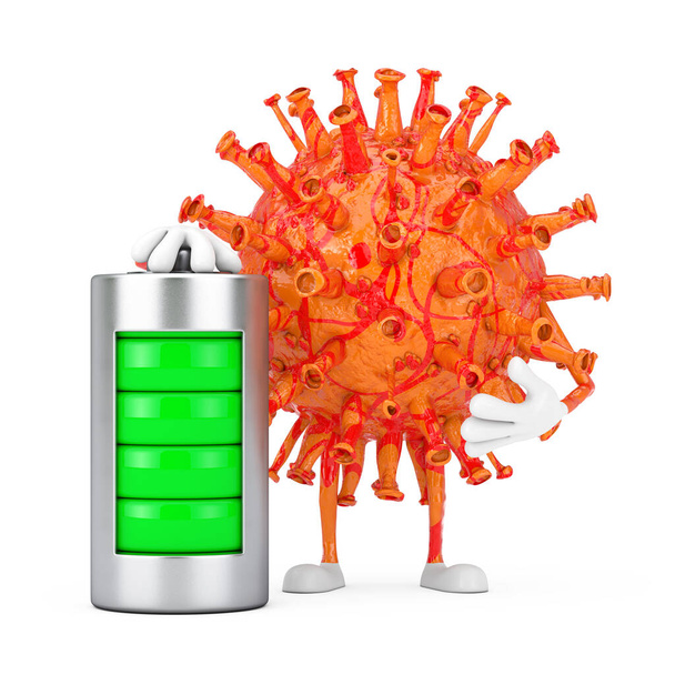 Caractère mascotte du virus du coronavirus de bande dessinée COVID-19 avec batterie de charge abstraite sur un fond jaune. Rendu 3d - Photo, image