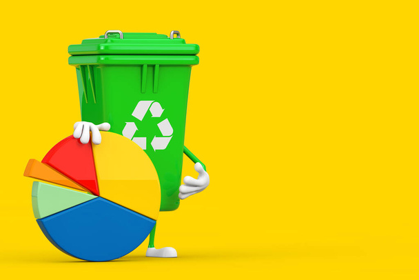 Recycle Sign Green Garbage Kosz na śmieci Maskotka znaków z Info Graphics Business Pie Chart na żółtym tle. 3d Renderowanie - Zdjęcie, obraz