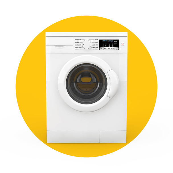 Сучасна біла пральна машина на білому та жовтому фоні. 3d рендеринг  - Фото, зображення